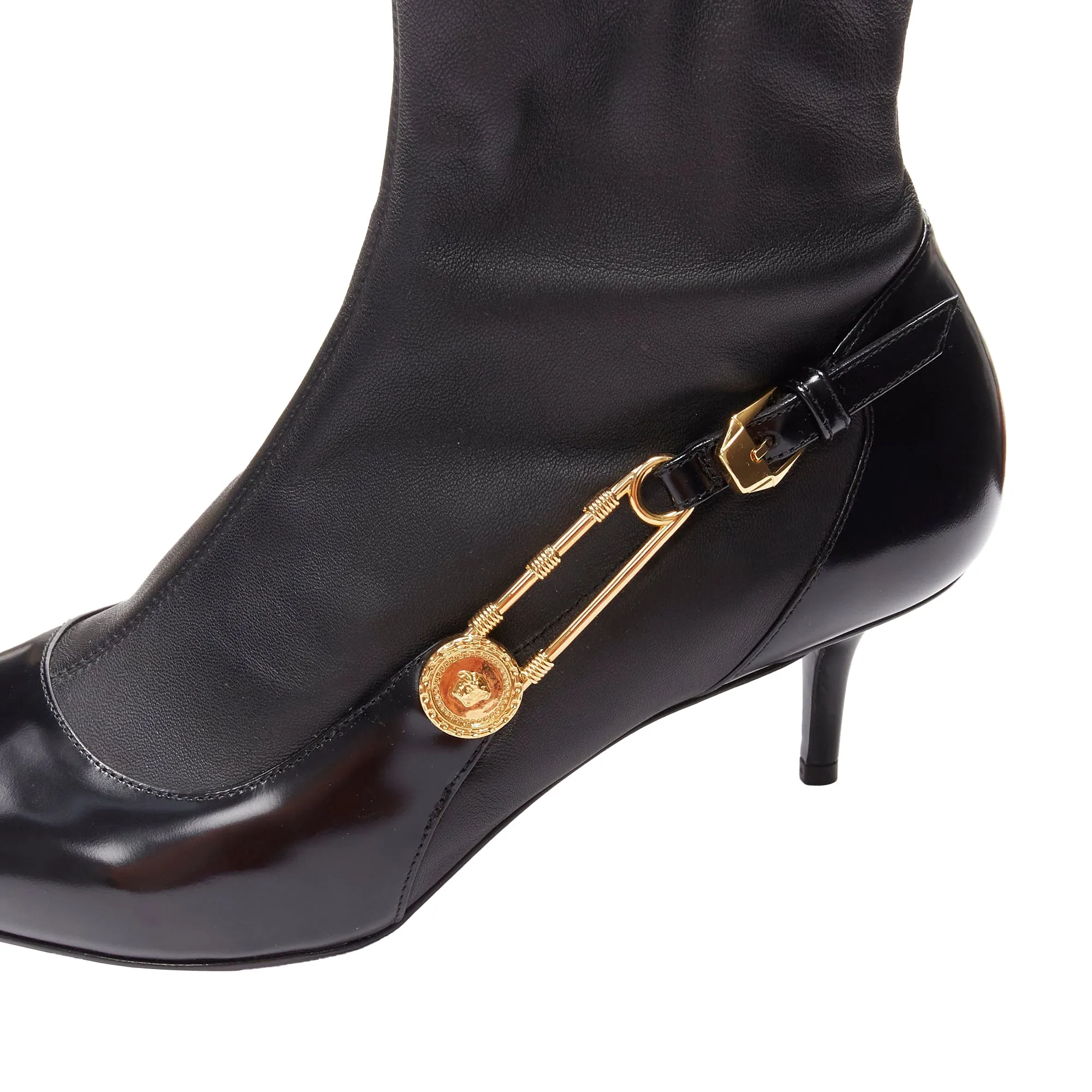 Versace Medusa Punk Safety Pin leather kitten heel bootie