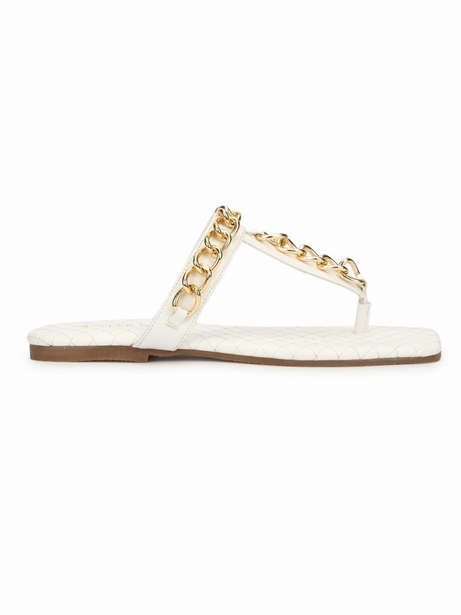 White PU Flip Flops With Gold Chain